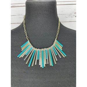 Vintage Gold Teal Silver V Design Bars Bib Fashion Necklace